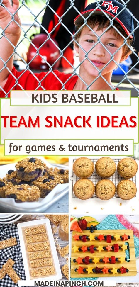 Baseball snack ideas for kids can be SO much easier than you think! Kids playing little League and youth baseball need fuel! Whether you're bringing snacks for your family or it's your turn to supply team snacks, use these EASY baseball team snack ideas for delicious and nutritious choices! #snackideas #healthysnacks #kids #sports Baseball Game Snack Ideas, Post Game Snacks For Kids Football, Ballpark Snack Ideas, Traveling Sports Meals, Kids Baseball Team Snack Ideas, Baseball Breakfast Ideas, Ballpark Food Ideas To Pack, Baseball Snacks For Game Day, Snack Ideas For Sports Team