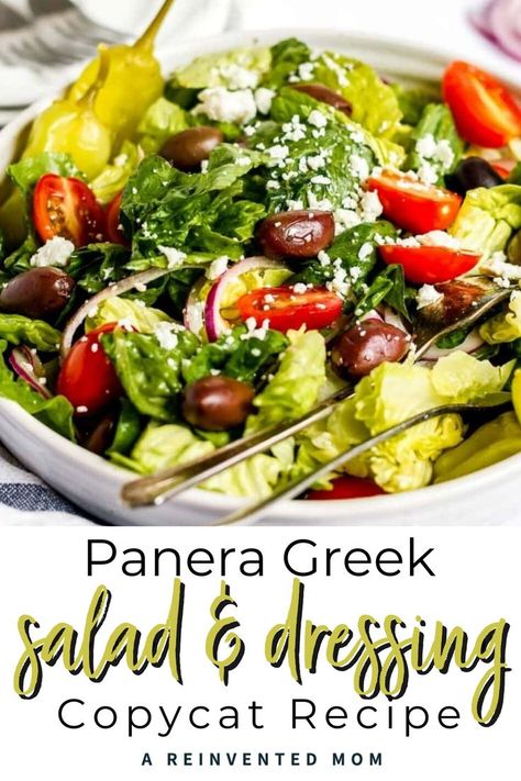 Panera Greek Salad & Dressing copycat recipe. Panera copycat recipes. Greek Salad Panera, Restaurant Greek Salad Dressing, Greek Salad Pepperoncini, Greek Goddess Salad Panera, Mediterranean Salad Dressings, Panera Dressing Recipe, Copycat Panera Poppyseed Dressing, Panera Greek Salad Dressing, Panera Bread Salad Recipes