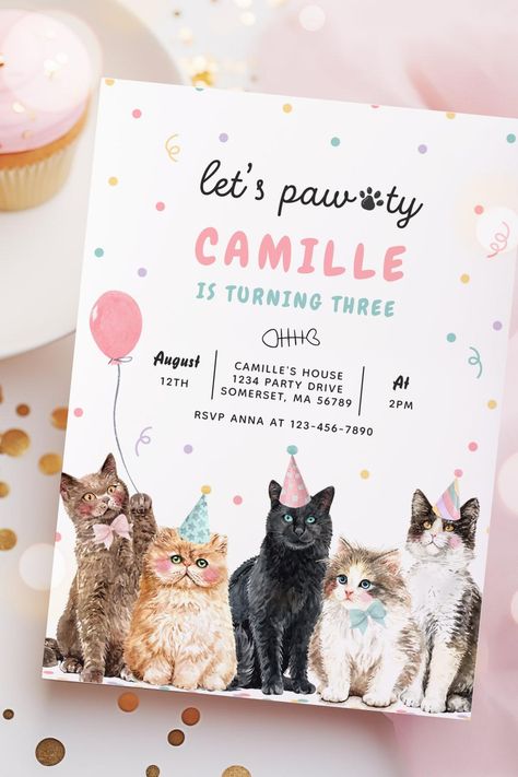 Kitten Party Let's Pawty Kitty Cat Birthday Invitation Cat Invitations Birthday, Cat Birthday Invitations, Kitten Party, Cat Birthday, Kitty Cat, Birthday Invitations, Kittens, Birthday Party, Kitty