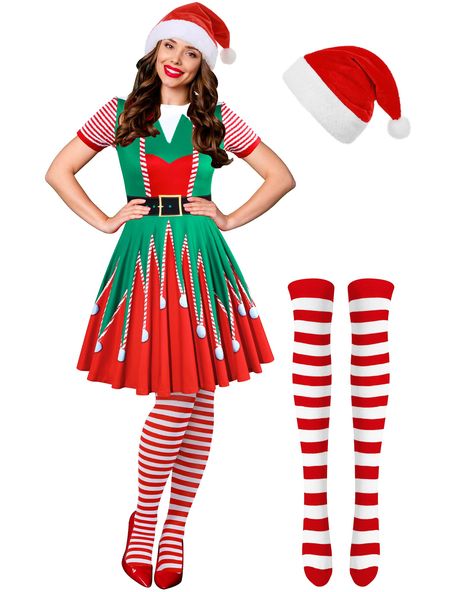 PRICES MAY VARY. 88 percent of polyester, 12 percent of spandex Machine Wash Christmas Elf Costume Set: you will receive 1 piece of elf Christmas dresses for women, 1 piece of Christmas hat, 1 pair of thigh high socks, the nice combination will make you have a happy Christmas party Size Information: there are 3 different sizes of Christmas dress to meet your different needs; Medium: 35.4 inches/ 90 cm in length, 7 inches/ 18 cm in sleeve length; Large: 35.8 inches/ 91 cm in length, 7.2 inches/ 1 Christmas Dresses For Women, Striped Thigh High Socks, Christmas Elf Costume, Elf Dress, Santa Socks, Christmas Dress Women, Christmas Outfits Women, Elf Costume, Bright Fashion