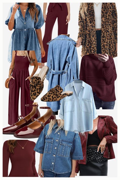 Step into fall 2024 with the season’s hottest fashion trends! This collection features must-have pieces in denim, rich burgundy, and bold leopard prints. From cozy oversized sweaters and chic jumpsuits to statement outerwear and stylish footwear, these trends are perfect for creating effortlessly stylish fall looks. #FallFashion2024 #Denim #Burgundy #LeopardPrint #FallOutfits  as an amazon affiliate, I earn commission from eligible purchases. Denim And Burgundy Outfit, Fall Winter Outfits 2025 Trends, Burgundy Fall Outfits 2024, Colorful Fall Outfits 2024, Fall Oversized Outfits, Burgundy And Leopard Outfit, Burgundy Fashion 2024, Trend Fall 2024, Fall 2024 Color Trends Fashion