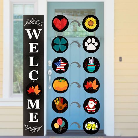 PRICES MAY VARY. [Warm Porch Decor] This lovely WELCOME sign is a charming decor to your front porch, patio or entryway. With 12 changeable icons for every holiday and parties of different themes, bold typography and farmhouse designs, this wooden welcome sign is cute and memorable, highlighting your entrance and showing your love and invitation to your family, friends and neighbors. You can also change each icon according to your needs to greet each season and holiday with a different feeling. Diy Interchangeable Welcome Sign, Interchangeable Welcome Sign, Front Porch Patio, Welcome Sign Front Door, Outdoor Welcome Sign, Welcome Signs Front Door, Welcome Home Signs, Farmhouse Designs, Welcome Door Signs