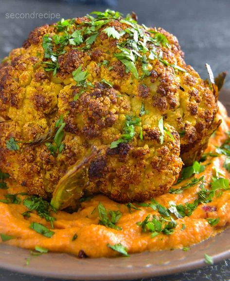 Air Fryer Whole Cauliflower, Whole Cauliflower Recipes, Romanesco Cauliflower Recipe, Baked Whole Cauliflower, Roasted Whole Cauliflower, Sev Recipe, Roasted Cauliflower Head, Frying Recipes, Whole Cauliflower