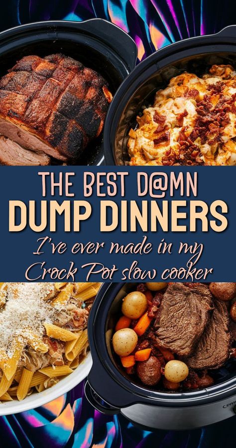 Dump dinners are my favorite meals to make and these super easy crockpot dump recipes are the best cheap easy meals I've ever made! Crock Pot cooking with pork chops, chicken, pork loin roast, chuck roast pot roast, beef tips and gravy, pasta and much more! Crockpot Hearty Meals, Croc Pot Meals For Family, Instant Pot Crockpot Meals, Crock Pot Mississippi Pot Roast Recipe, Cheap Easy Crockpot Meals Budget, 10 Hour Crockpot Meals, Best Easy Crockpot Recipes, Croc Pot Dump Dinners, Crockpot Beef Chuck Roast Recipes