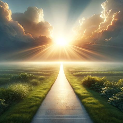 A serene landscape at dawn, featuring a narrow path leading towards a radiant, glowing light in the distance. The path is bordered by lush greenery, symbolizing growth and life. In the sky, soft rays of sunlight break through the clouds, illuminating the path and representing divine guidance and wisdom. The image conveys a sense of peace, guidance, and decision-making in harmony with one's life path and principles, appealing to bible readers. Peaceful Nature Landscape, Peace Background, Path To Heaven, Narrow Path, Towards The Sun, Serene Landscape, Rays Of Light, Personal Achievements, Bible Quotes Images