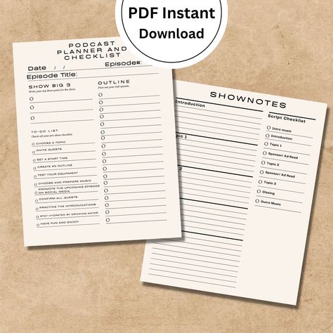 Podcast Worksheets, Podcast Checklist, Podcast Planning, Podcast Planner, Organized Notes, Podcast Template, Pod Cast, Functional Planning, Cleaning Printable