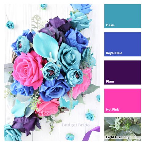 This cheap wedding flower package includes 1 bride's bouquet, 2 bridesmaids, 1 groom's boutonniere, 2 groomsmen buttonholes. This bride's wedding flower set is in royal plum, oasis, and hot pink. This can be a custom-made wedding flower for an affordable price for any bride on a budget. We ship wedding flowers fast Teal And Orange Color Palette, Color Palette Aesthetic, Teal Color Palette, Wedding Color Pallet, Cheap Wedding Flowers, Wedding Flower Packages, Orange Color Palettes, Ship Wedding, Color Schemes Colour Palettes