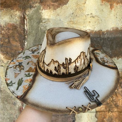 Brand New, Never Worn, Shayanne Os Fits All With Adjustable Head Band Inside To Fit Sz Small-Large! Beautiful One Of Kind Hat With A Desert Scene Around The Crown And Western Pattern Added On The Brim! Thanks For Looking! Charlie 1 Horse Atwood Cody James Ariat Stetson Bailey Shyanne Olive & Pique Western Cowboy Hats Cowgirl Hats Custom Burned Hats, Diy Western Accessories, Hat Burning Patterns, Custom Wide Brim Hats, Black Felt Hat Outfit, Boho Wedding Hat, Burnt Cowboy Hat, Wedding Cowgirl Hat, Custom Hats For Women