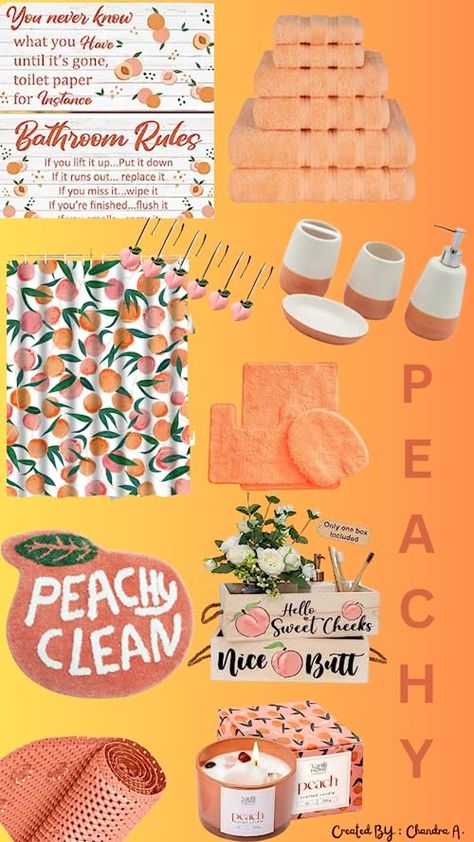 Peach Themed Bedroom Ideas, Peachy Bathroom Decor, Fun Bathroom Themes, Fruit Bathroom Theme, Clean Bathroom Ideas, Peachy Clean Bathroom, Peach Themed Bathroom, Peach Bathroom Ideas, Peach Room Decor