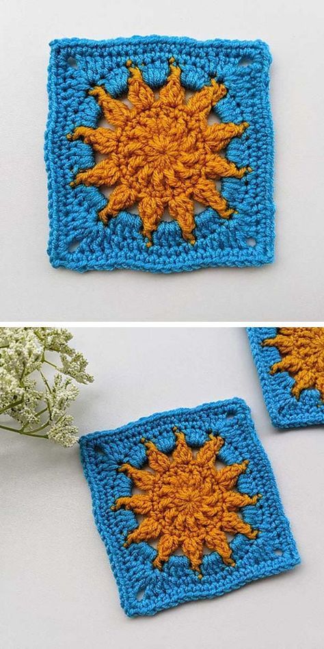 a blue crochet granny square with a sun yellow central motif Modern Haken, Granny Square Pattern Free, Granny Square Crochet Patterns Free, Blanket Ideas, Crochet Design Pattern, Adorable Crochet, Beginner Crochet Projects, Haken Baby, Crochet Square Patterns