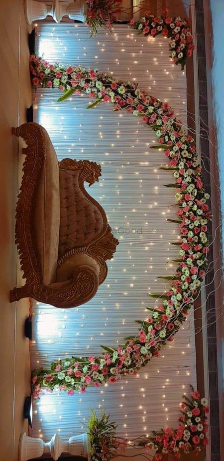 Photo From Wedding Decor by team - By Wedding Vedas Simple Indian Wedding Backdrop, Marriage Stage Decoration Indian Simple, Indian Simple Wedding Decor, Bride Background Decoration, Tilak Stage Decoration, Marriage Stage Decoration Indian Wedding, Stage Decoration Ideas For Wedding, Weeding Decoration Stage, Indian Wedding Decor Ideas Stage Decorations