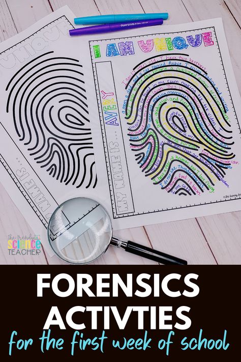 Today on the blog, I'm sharing 5 activities that I use in my Forensics class at the start of the school year. These activities are perfect for engaging your forensic science students and getting them excited about your class. Csi Classroom Activity, Forensic Science Activities Middle School, First Week Of School Science Activities, Elementary Forensic Science, Forensic Science Project Ideas, Forensic Science Activities, Back To School Science Activities, Spy Activities, Biology Activity