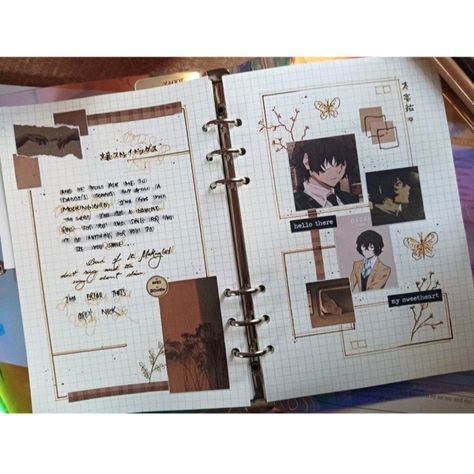 Anime journal page idea BSD Bujo Anime Theme, Journal Anime Aesthetic, Anime Journal Ideas First Page, Anime Notebook Ideas, Anime Journal Cover, Anime Scrapbook Ideas, Anime Journal Ideas, Sketchbook Ideas Inspiration, Scrapbook Recipe Book