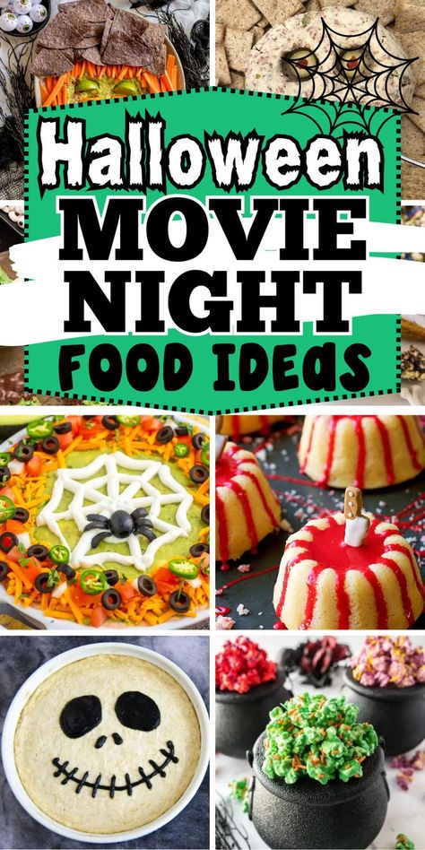 Cute and spooky Halloween movie night party food ideas for families or adults on a date night. From halloween themed appetizers and treats to Hocus Pocus party menu and witch themed snacks, there's everything you need to have the best cozy Halloween aesthetic movie night. Halloween Movie Night Snacks Ideas, Family Halloween Dinner Ideas, Kids Halloween Theme Movie Night, Halloween Movie Treats, Spooky Movie Night Ideas Kids, Movie Date Food Ideas, Fall Dinner And A Movie Ideas, Halloween Themed Dinner And A Movie, Spooky Date Night At Home Food