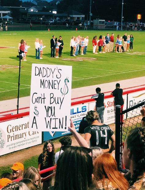 Poster Ideas For High School Football, Funny Themes For Teams, Game Poster Ideas Sports, Rival Football Game Signs, Football Signs For Games Posters Boys, Funny Posters For Sports Games, Defense Football Posters, Football Poster Student Section, Funny Fnl Signs