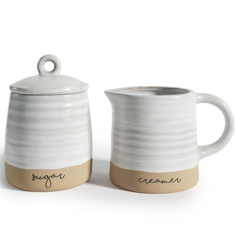 PRICES MAY VARY. Ceramic Sugar and Creamer Set - This creamer and sugar set is part of our exclusive Maribelle Stoneware Collection. With a fresh and earthy palette, this creamer pitcher and sugar dish will add an artisan-inspired style to your decor. Farmhouse-Style Decor - Serve your guests in style with these coffee sets for serving. The two-toned creamer container and sugar bowl set, with their organically crafted details, will add a farmhouse touch to your kitchen decor. Eye-catching Coffee Creamer Container, Coffee Serving, Cerámica Ideas, Sugar Bowls And Creamers, Vintage Farmhouse Kitchen, Ceramic Pitcher, Stoneware Ceramics, Dinner Plate Sets, Cream And Sugar