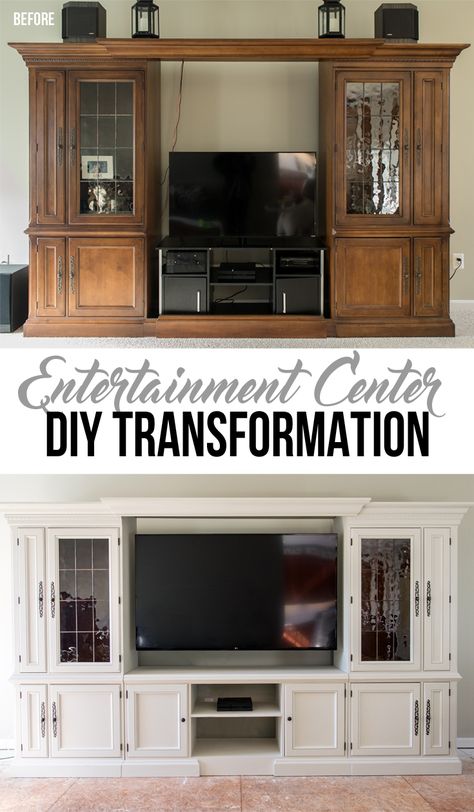 A beautiful thrift find gets transformed into a elegant entertainment center with Fusion Mineral Paint and a new center tv console. Diy Tv Cabinet, Tv Cabinet Makeover, Painted Entertainment Centers, Oak Entertainment Center, Built In Entertainment Center, Diy Entertainment, Entertainment Center Makeover, Entertainment Center Redo, Entertainment Center Shelf