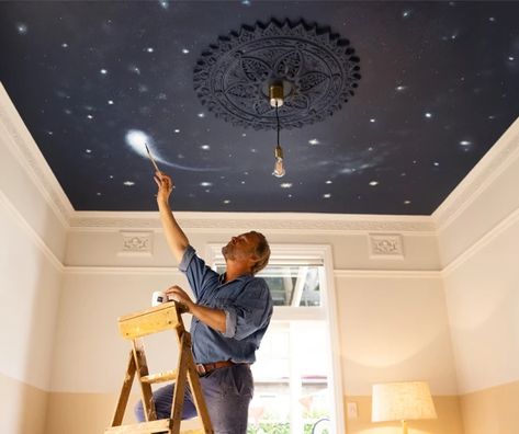 Paint Night Sky, Starry Ceiling, Sky Nursery, Ceiling Paint, Sky Ceiling, Blue Ceilings, Night Sky Painting, Star Ceiling, Ceiling Murals