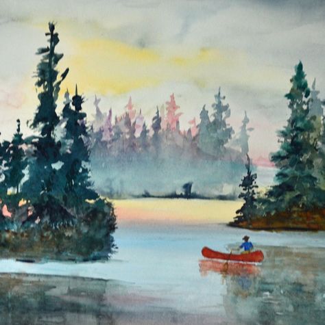 Red Canoe Framed Watercolor Painting Original Nature - Etsy Canada Mountain Lake Watercolor, Canoe Painting Ideas, Watercolor Lake Scene Tutorial, Canoe Watercolor, Watercolor Lake Scene, Friend Projects, River Watercolor Painting, Maine Watercolor, Canoe Painting