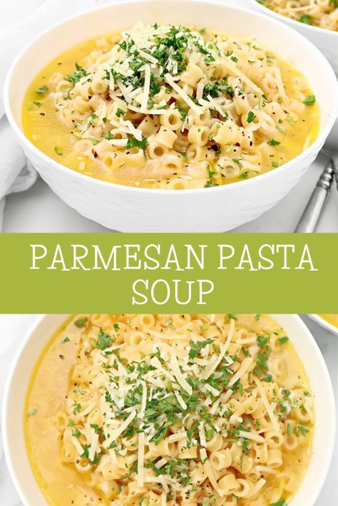 Parmesan Pasta Soup ~ Ditalini pasta in a rich and savory parmesan broth. Ready and on the table in under 30 minutes! Pasta In Soup, Pasta Winter Recipes, Parmesan Ditalini Soup, Soup Recipes Ditalini, Pasta Recipes With Chicken Broth, Ditalini Pasta Soup Recipes, Chicken Soup With Ditalini Pasta, Parmesan Soup Pasta, Italian Parmesan Soup