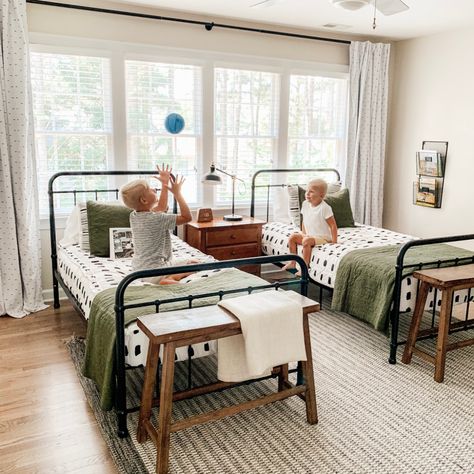 Shared boys room reveal. This is a budget-friendly, kid-friendly, classy space perfect for brothers. 2 Full Size Beds In One Room, 2 Boys Room Ideas, Boy Shared Bedroom Ideas, Shared Boys Room Different Ages, Bedroom For 2 Boys, Shared Boys Room, Shared Boys Rooms, Boys Shared Bedroom, Instagram Boys