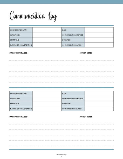 A printable Communication Log template with sections to record conversation details, including participants, date, start time, communication method, and key points. Information Template, Communication Log, Communication Methods, Administrative Assistant, Small Business Planner, Vet Med, Planner Templates, Business Planner, Professional Organizer