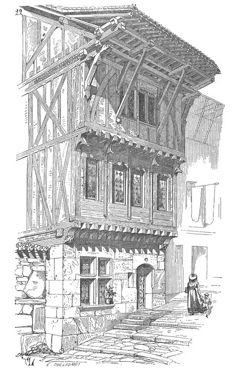 Maison.XIVe.siecle.Annonay - Sablière (architecture) — Wikipédia Norman Architecture, Timber Frame Building, Perspective Drawing Architecture, Gothic Buildings, Town Building, Building Sketch, Cozy Backyard, Building Drawing, Medieval Houses