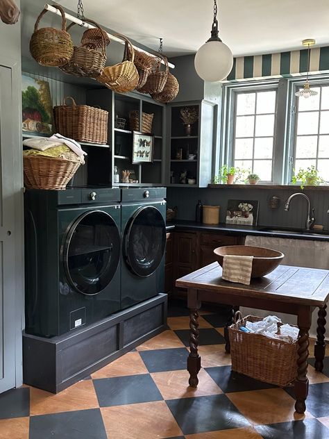 Laundry Room Reveal - Seeking Lavender Lane Hague Blue Laundry Room, European Laundry Room, Cottage Core Laundry Room, Grey Laundry Room Ideas, Happy Laundry Room, Wallpapered Laundry Room, Laundry Room Design Small, Victorian Laundry Room, Navy Laundry Room