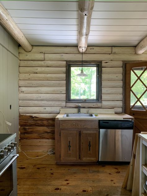 Small Log Cabin Kitchens, Log Cabin Office, Log Cabin Makeover, Lake Cabin Interiors, Log Cabins Interiors, Small Cabin Kitchens, Log Cabin Renovation, Log Cabin Remodel, Log Cabin Interior Design