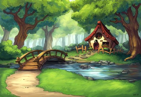 Cartoon Tree House, House In Forest Illustration, Forest House Drawing, Forest House Illustration, Cottage Concept Art, Concept Artist Portfolio, Forest Cartoon, Game Background Art, Cottage Illustration