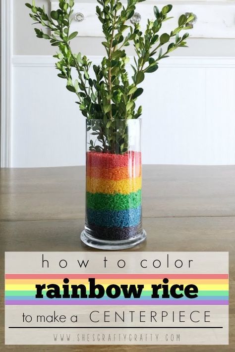 How to color rice in Rainbow Colors to make an Easy and Inexpensive Table Centerpiece Pastel Rainbow Table Centerpiece, Colorful Centerpiece Ideas, Rainbow Theme Centerpieces, Rainbow Table Centerpieces, Rainbow Event Decor, Pride Centerpieces, Rainbow Friends Centerpiece, Rainbow Party Table Decor, Rainbow Party Centerpiece Ideas