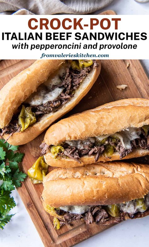 Tender, shredded Italian Beef with pepperoncini loaded on toasty sandwich rolls with melted provolone cheese. With just a few minutes of prep, you can have these comforting Crock-Pot Italian Beef Sandwiches on your menu on even the busiest of days. Beef Sandwiches Crock Pot, Slow Cooker Italian Beef Sandwiches, Crock Pot Italian Beef, Crock Pot Sandwiches, Amazing Sandwiches, Italian Roast Beef, Italian Beef Crockpot, Shredded Beef Sandwiches, Crock Pot Italian