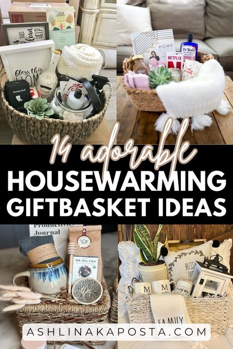 How to put together a housewarming gift basket ( 14 creative ideas ) — ASHLINA KAPOSTA Creative Housewarming Gift Ideas, Diy Home Warming Gifts, Moving Out Gift Basket, Move In Basket Gift Ideas, House Warming Baskets, New Home Basket Gift Ideas, House Warming Gift Baskets, House Warming Basket Diy, Home Warming Basket