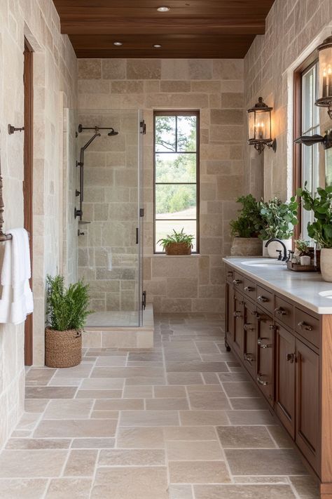 Natural Small Bathroom Design, Bathroom Terracotta Floor Master Bath, Tan Tiled Shower Bathroom, Beautiful Bathrooms Modern Tile, Patina Farm Bathroom, Shower Tile Matching Floor, Stone Inspired Bathroom, Full Bathroom Ideas Tiled Showers, Same Tile Shower And Floor