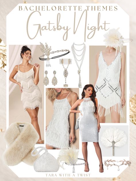 White Gatsby Dress, 1920 Bachelorette Party, Flapper Bachelorette Party, 1920s Bachelorette Party, Roaring 20s Bachelorette Party, Bride To Be Outfit Ideas, Bride Outfits For Bachelorette, Great Gatsby Bachelorette Party, Bride Outfits For Bachelorette Party