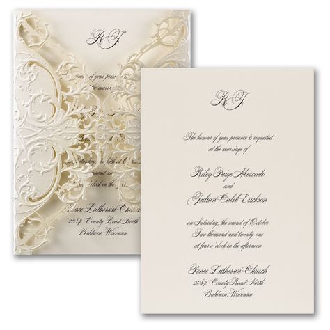 You won’t believe this isn’t real lace. The laser-cut wrap of ecru shimmer paper surrounds an ecru card printed with your wedding news. Exquisite! #weddinginvitation #GardenWeddingInvitations #Wedding Invitations #custominvitations #luxuryweddinginvitations #elegantweddinginvitation #uniqueweddinginvitation #goldweddinginvitations #goldfoilinvitation #glamourweddinginvitations #mitzvahinvitations #weddinginvites #lasercurinvitations #letterpressinvitation #lasercutinvitation Disney Wedding Invitations, Lace Invitations, Invitation Suites, Pre Wedding Party, Laser Cut Invitation, Lace Wedding Invitations, Forever Friends, Laser Cut Wedding, Victorian Wedding