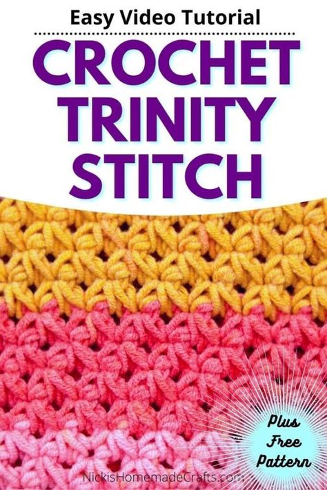 Learn how to crochet the Trinity stitch using this detailed Photo and Video Tutorial easily. Ideal for quick and fun crochet ideas and weekend projects for this fall craft season. Crochet Trinity Stitch, Trinity Stitch, Chunky Crochet Blanket Pattern, 100 Crochet Stitches, Crochet Stitch Tutorial, Single Crochet Decrease, Crochet Bedspread Pattern, Crochet For Beginners Blanket, Crochet Decrease