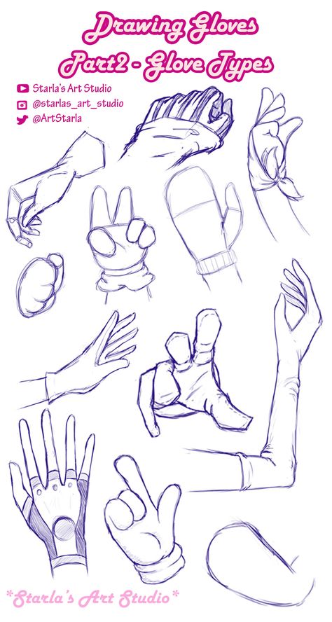 Here is a reference page full of glove and hand positions! For more tips and explanations, visit the video linked to this pin! \(•ᴗ-✿ (Drawn by Starla's Art Studio YT) #references #digitalart #drawing #tutorials #sketches #referencepage Hand Glove Drawing Reference, Starla Art Studio, Glove Reference Drawing, Gloved Hands Drawing, Hand Gloves Drawing, How To Draw Gloves, Gloves Drawing Reference, Glove Reference, Gloves Sketch