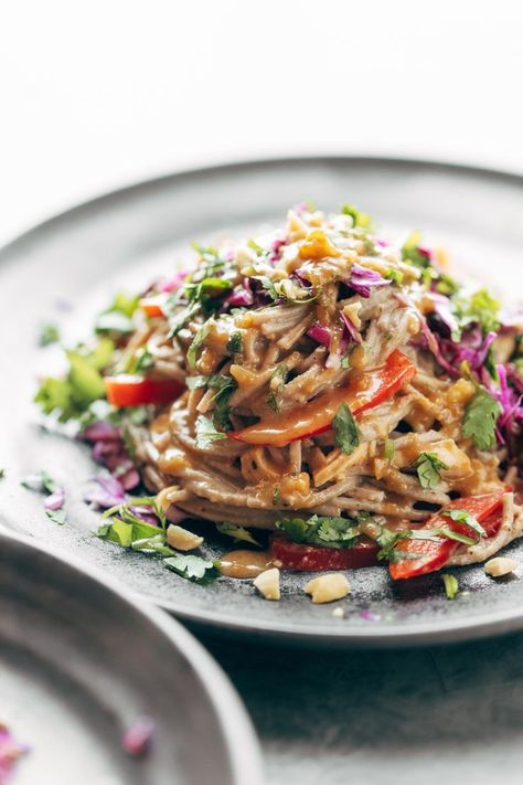 Sweet Potato Noodle Salad, Cabbage Chicken, Soba Noodle Salad, Soba Noodles Salad, Soba Noodle, Noodle Salad Recipes, Spicy Peanut Sauce, Peanut Noodles, Sweet Potato Noodles