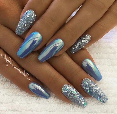 blue-chrome-glitter-nail-polish-trending-nail-colors-white-towel-set-of-hands-fingers Blue Chrome Nails, Blue Nail Art Designs, Blue Glitter Nails, Natural Nail Art, Chrome Nail Art, Blue Acrylic Nails, Blue Nail Art, Finger Nails, Blue Nail Designs