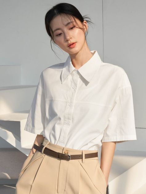 Dazy-Less Drop Shoulder Button Front ShirtI discovered amazing products on SHEIN.com, come check them out! Aesthetic White Shirt, White Shirt Outfit, Collar Shirts Women, Korean Shirt, White Shirt Outfits, Outfit Korean, Half Shirts, Clothes Aesthetic, Plain Shirt