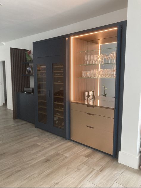 Kitchen Wall Units Modern, Built Ins With Wine Fridge, Wine Fridge In Living Room, Built In Drinks Cabinet, Wine Wall Dining Room, Built In Wine Fridge, Cellar Office, Home Office Mood Board, Tv Snug