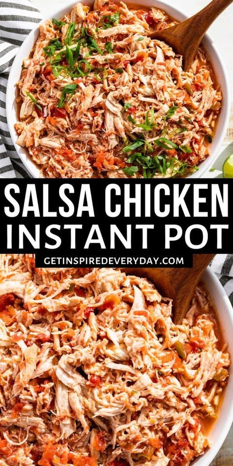 The perfect dinner for weeknights, this Instant Pot Salsa Chicken is family-friendly and versatile. It's made with just 3 ingredients and the Instant Pot does all the work. It's gluten-free, dairy-free, and perfect for tacos, burrito bowls, and quesadillas. We love to meal prep it for the freezer for even faster meals in the future. Salsa Chicken Instant Pot, Chicken Instant Pot Recipe, Instant Pot Salsa Chicken, Instant Pot Salsa, Chicken Instant Pot, Instant Pot Recipe, Salsa Chicken, Instant Pot Recipes Chicken, Easy Mexican