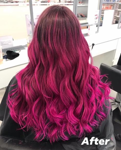 Hot Pink Hair Balayage, Hot Pink Hair Streaks Brunette, Hot Pink Balayage, Hot Pink Roots With Black Hair, Hot Pink Baylage Hair, Purple Red Hair Color, Draculaura Hair, Brown Hair With Pink Highlights, Magenta To Pink Ombre Hair