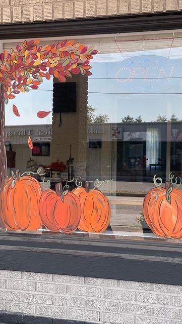 Work Window Decorations, Halloween School Window Display, Fall Window Scene, Fall Business Window Displays, Fall Window Mural, Fall Tree Window Painting, Fall Painting On Windows, Fall Halloween Window Painting, Harvest Window Painting