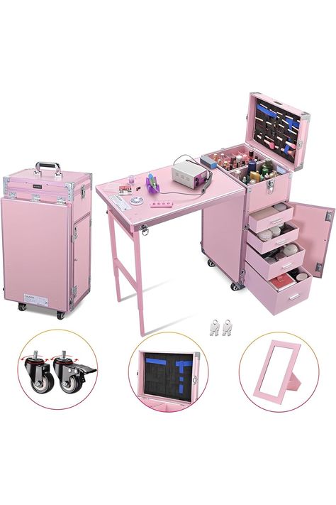 BYOOTIQUE Rolling Manicure Table Portable Nail Table Foldable Nail Desk Travel Makeup Train Case Cosmetic Trolley Storage Organizer with 4 Drawers Mirror &amp; Speaker for Nail Tech Workstation Mua, Pink Trolley Storage, Portable Workstation, Portable Furniture, Nail Desk, Table Foldable, Nail Table, Diy Nails At Home, Makeup Train Case, Manicure Table