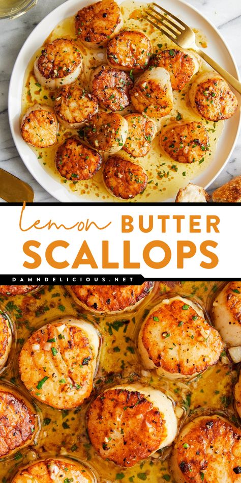 Whip up these garlic lemon butter salmon! 5 ingredients are all you need to have this seafood dish ready in just 10 minutes. So fancy with an amazing flavor, this easy scallop recipe will become one of your favorite weeknight dinners for family! Best Cooked Veggies, Seafood Dinner Recipes Healthy, Romantic Seafood Dinner For Two, Healthy Delicious Recipes Clean Eating, Seafood Meals Dinners, Chicken And Fish Recipes, Nice Lunch Ideas, Creative Cooking Ideas, Easy French Dinner Recipes