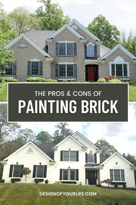 the pros and cons of painting exterior brick home Outdoor Brick Paint, Painting Brick House Exterior, Brick House Remodel Exterior, White Painted Brick Homes, Can You Paint Brick Exterior, Brick House Painted Blue, Update 90s House Exterior, Repainting Brick Exterior, Exterior Painted Brick Colors