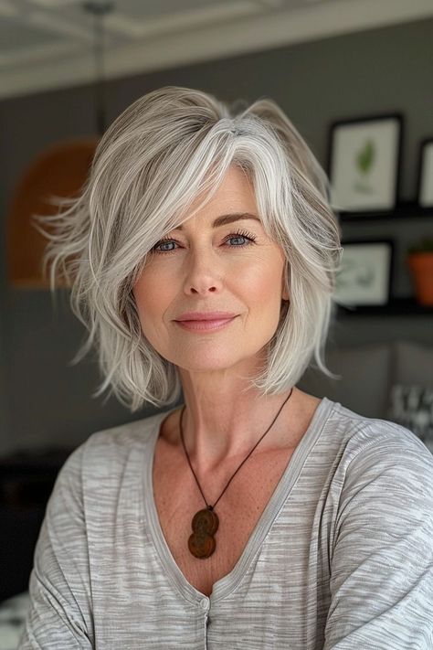 French Choppy Bob, Chin Length Grey Hair, Short Hairstyles For Women Over 60 Easy, Short Hairstyles For Women Over 60, Κούρεμα Bob, Chic Haircut, Haircut 2024, Short Silver Hair, Bob Cuts