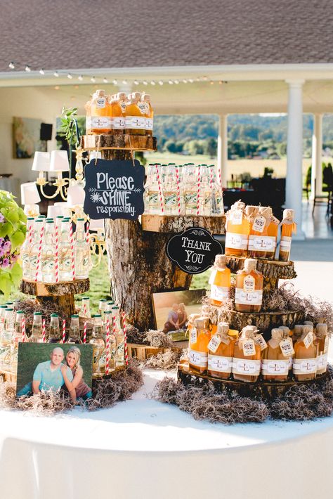 Summer Weddings:  Moonshine Wedding Favors  Lloyd/Hines Wedding 2015  #Wedding Favor Decor, #Apple Pie Moonshine #Get Your Shine On Moonshine Theme Party, Mini Moonshine Wedding Favors, Moonshine Party Favors, Moonshine Bar Wedding, Moonshine Bar Ideas, Moonshine Wedding Ideas, Moonshine Wedding Favors, Bourbon Themed Wedding, Moonshine Wedding